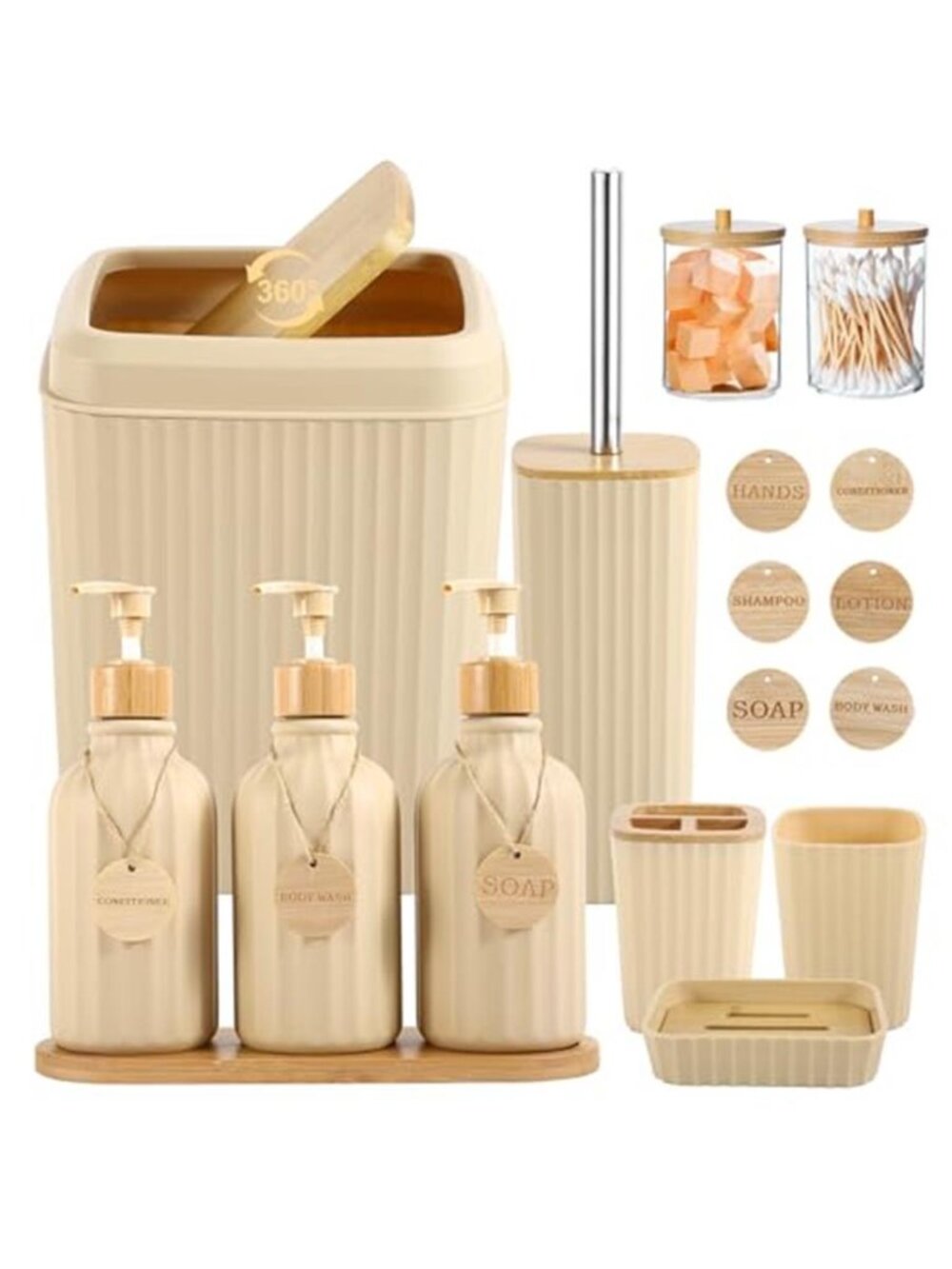 Bathroom Accessories Set 17 Piece Soap Dispenser Toothbrush Holder Beige Vanity